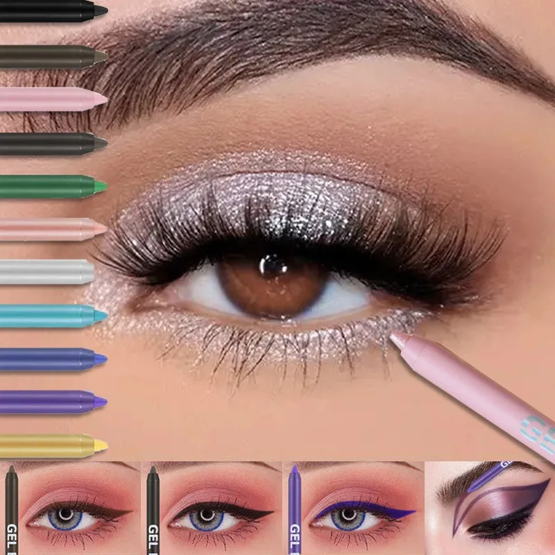 12 Colors Shine Pearlescent Eyeliner Pencil Waterproof Long Lasting Matte Black Brown Smooth and Easy To Color Eyeliner Gel Pen