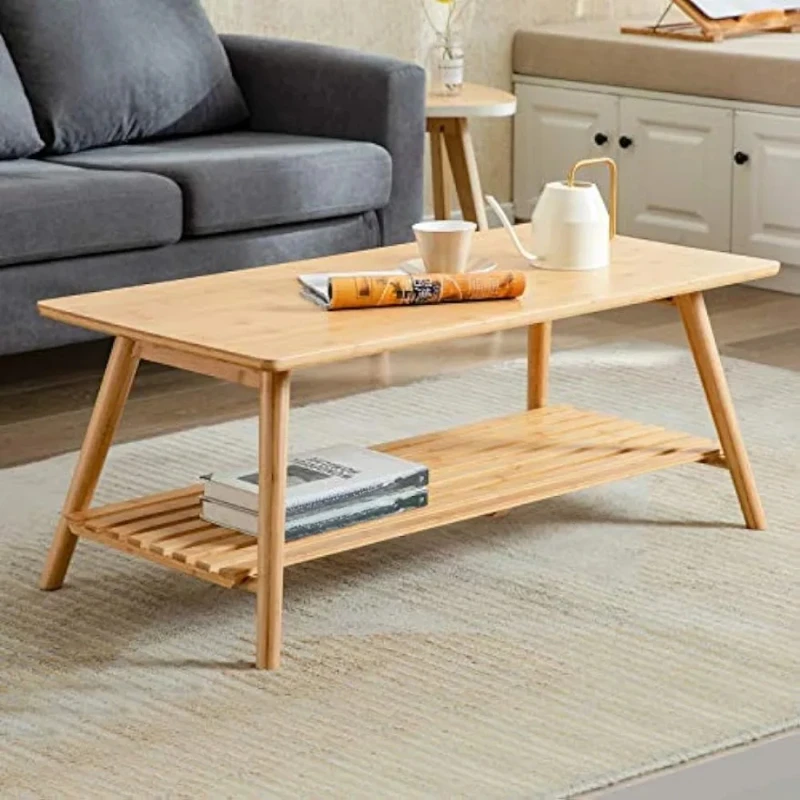 Nnewvante Coffee Table Foldable Bamboo Mid Century Desk TV Stand with Open Storage Shelf Center Table for Living