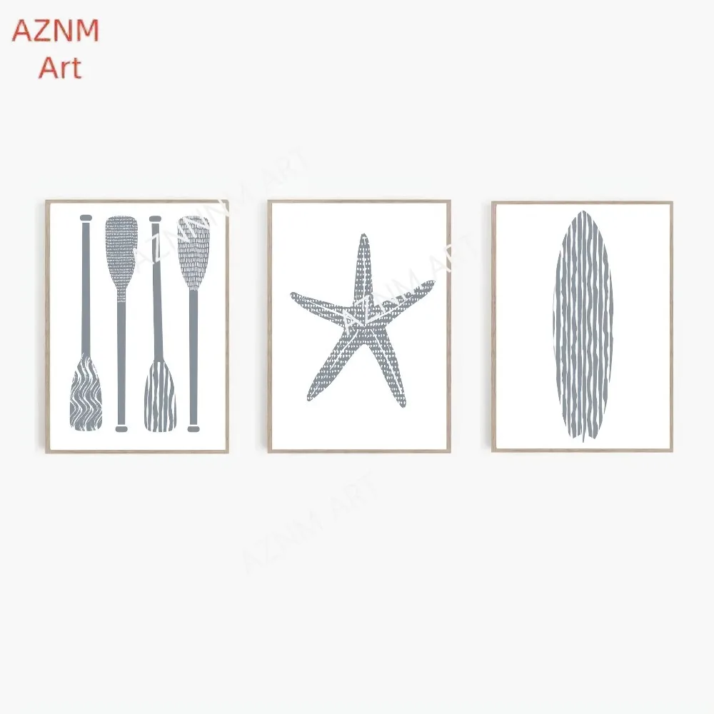 1/3PCS Modern Beach Wall Art Set, Coast Nursery Print Art, Blue and White Abstract Starfish Surfboard and Paddle Poster Set