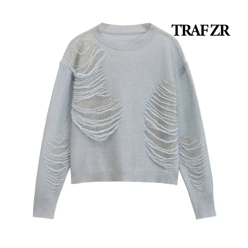 TRAF ZR Women\'s Sweater O-neck Pullovers Resort Top Y2k Tops Woman 2024 New Knitwear Long Sleeve Blouse Jerseys Jumper Vintage