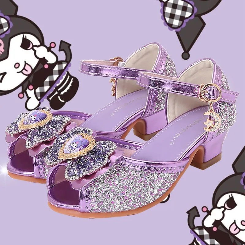 

Туфли на высоком каблуке для девочек, летние детские свадебные сандалии принцессы с рисунком Куроми, модные детские повседневные модельные сандалии с бантом и блестками