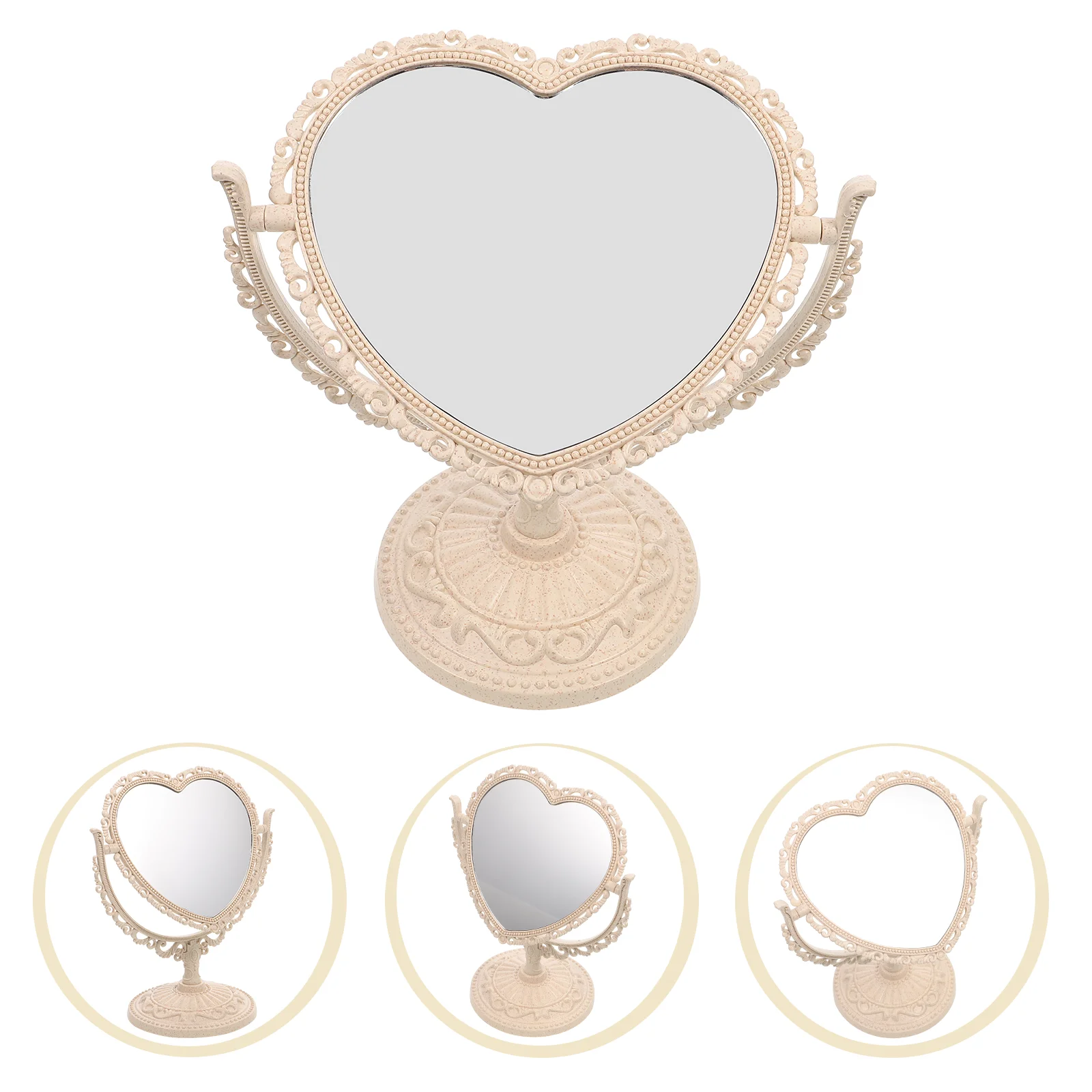 Miroir grossissant double face, table de maquillage, deux cœurs, petit document beige, miroirs décoratifs cosmiques ovales, vanité en forme