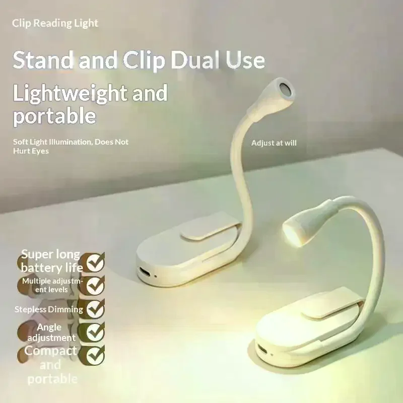 Portable Clip LED Reading Light USB Rechargeable Book Light Clip-on Bed Night Light Stepless Dimmable Eye Protection Desk Lamp