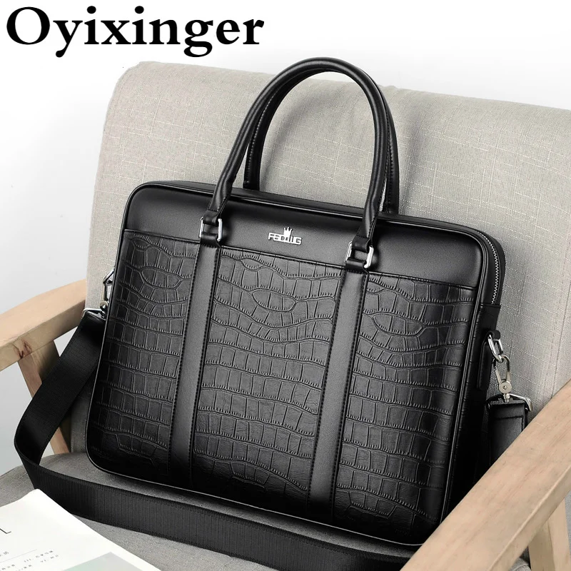 Fashion Men Business Briefcase Laptop Bag For MacBook Air DELL HP 14.1 Laptop Handbag For Man Crocodile Pattern Leather Handbags