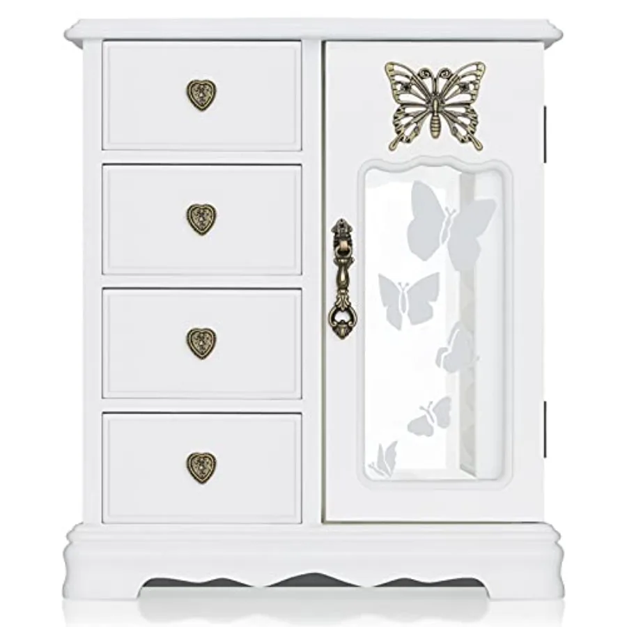 Caja de Joyería de Madera Sólida, Organizador de Maquillaje para Mujer, Almacenamiento de Anillos con 4 Cajones, Carrusel para Collares Integrado y Espejo