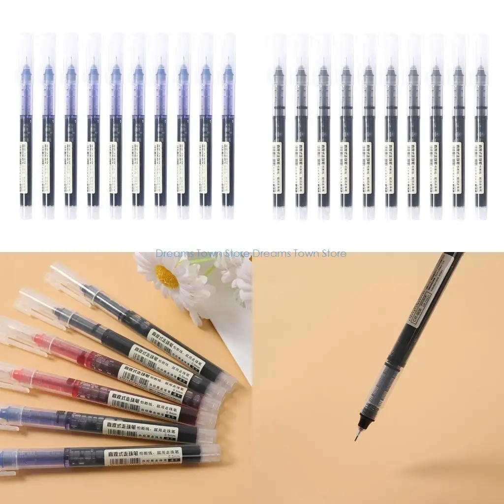 

HX6A 10pcs Black Blue Red Rollerball Pen Large Volume 0.5mm Needle Nib for Office