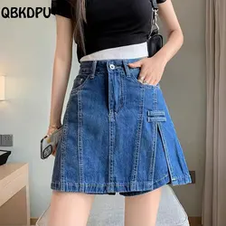 Fashion High Waist Denim Culottes Women Summer Design Baggy Jean Shorts Fake Two Pieces Lining Jeans Skirts Blue Pantskirt