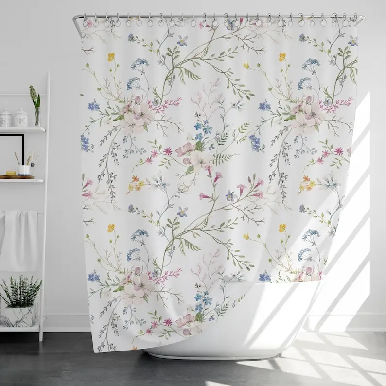 

Vintage Flowers Shower Curtain with 12 Hooks Waterproof, Modern Bathroom Decor, Housewarming Gift