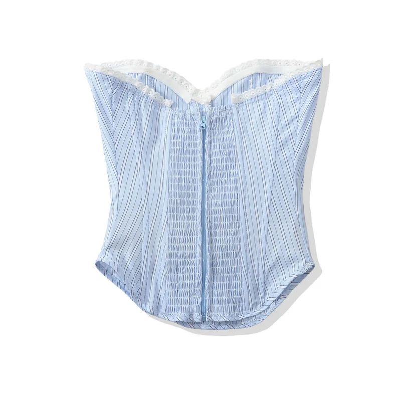 KEYANKETIAN 2026 Striped Boned Bustier Top Lace Trim Sweetheart Neck Button Placket Smocked Back Zip Fitted Women Strapless Top