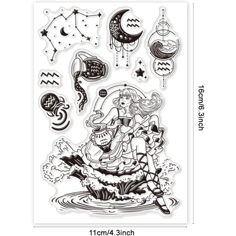 1pc Aquarius Constellation Clear Stamps for Cards Making Water Moon Woman Silicone Clear Stamp Seals Transparent Stamps for DIY