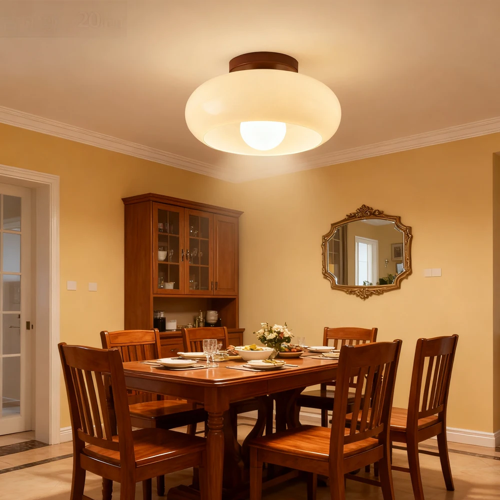مصباح سقف قابل للتعتيم بثلاثة ألوان مع غطاء زجاجي كريمي، مصباح سقف LED عتيق مع قاعدة خشبية لغرفة النوم والممر وغرفة المعيشة