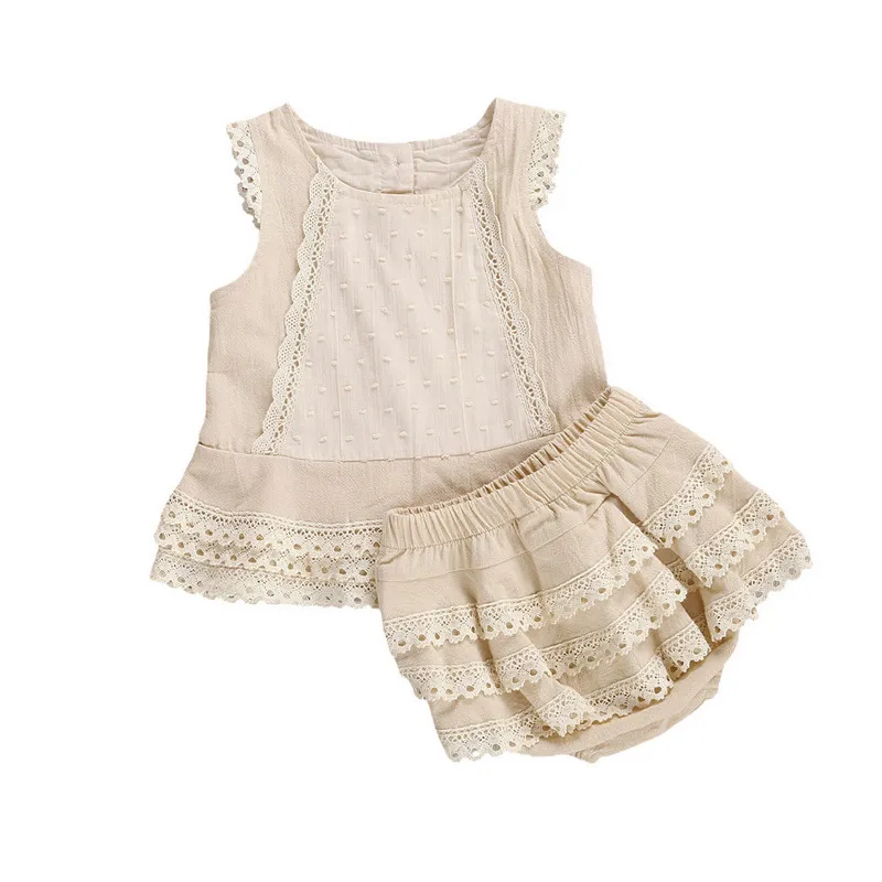 Baby Girl Short Sets Summer Clothes 2023 Suit Sleeveless Lace Vest Top with Layered Hem Tiered Skirt Panty Outfit Baby Items