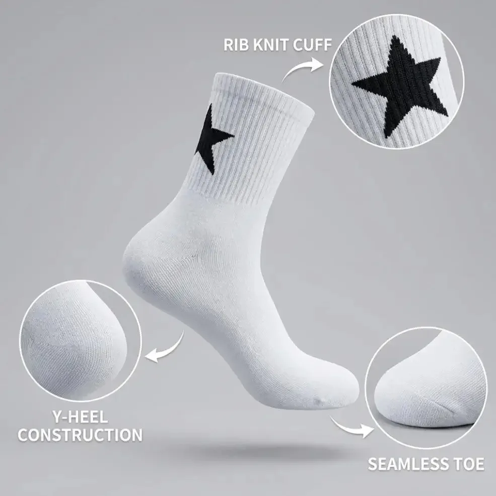 Four season essential star embroidery mid tube socks for men and women, non slip, non falling, wear-resistant, breathable