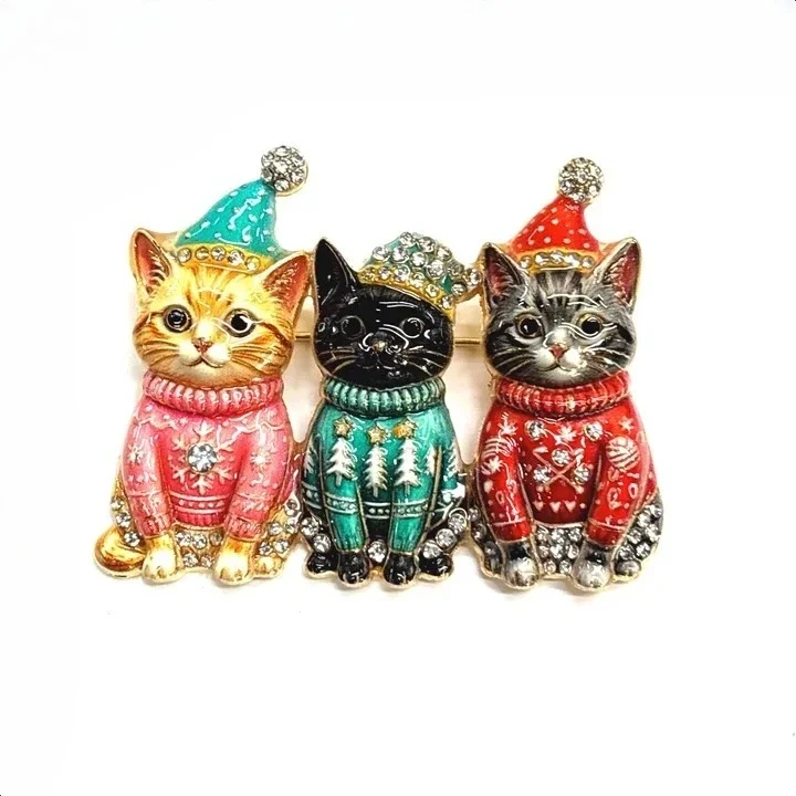 Vintage Strass-Emaille-Brosche für Weihnachten und Halloween, Katzen- und Hundekranz-Anstecknadel, Modischer Tierschmuck – Detail 2