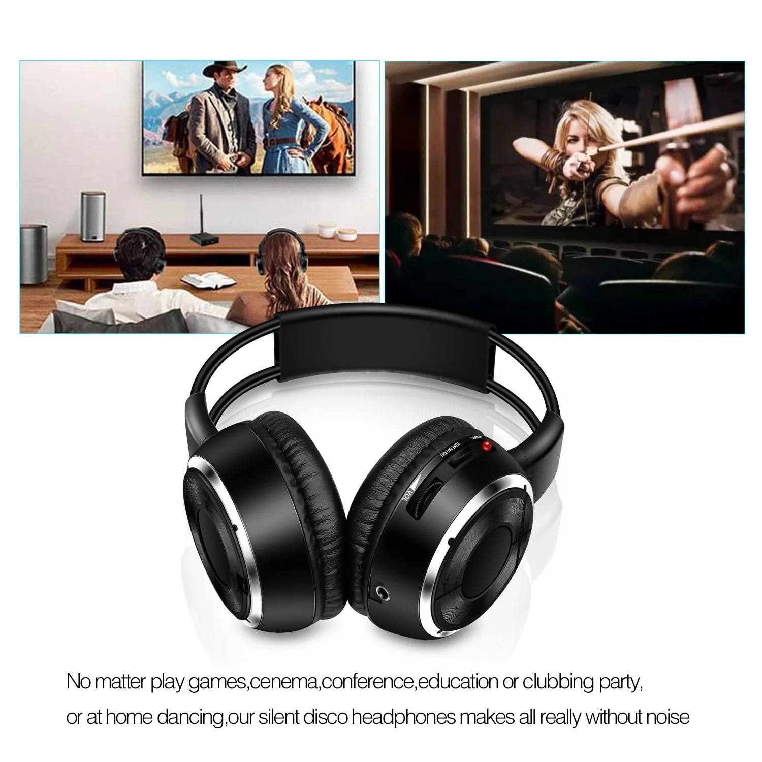 500m Silent Disco System Black Folding Wireless Headphones - Quiet Clubbing Party Bundle (100 Headsets + 3 Transmitters)