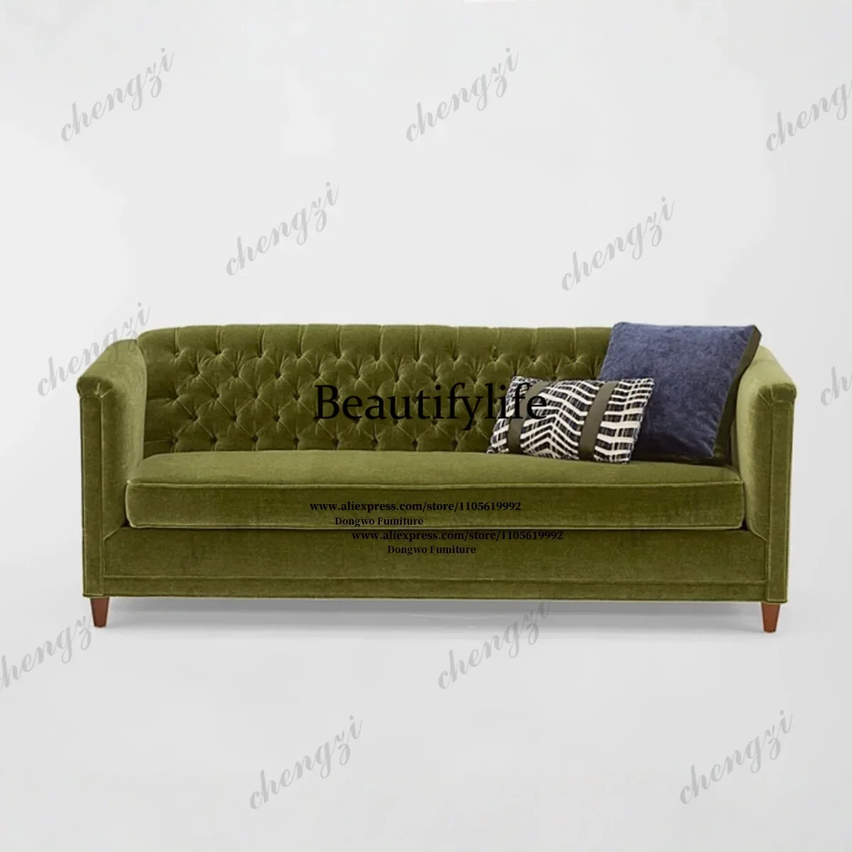 132 Retro olive green velvet three person sofa with buckle backrest, American style light luxury living room fabric sofa