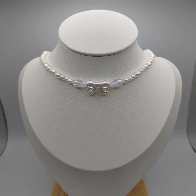 Dainty coquette pearl bow necklace, crystal, cottagecore, dollette, dolly