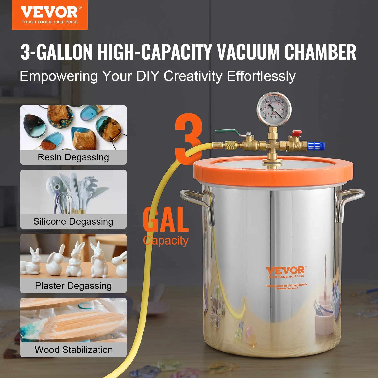 VEVOR 3/5 Gallon Vacuum Chamber Glass Lid Vacuum Degassing Chamber for Stabilizing Wood Resin/Silicone/Plaster Degassing