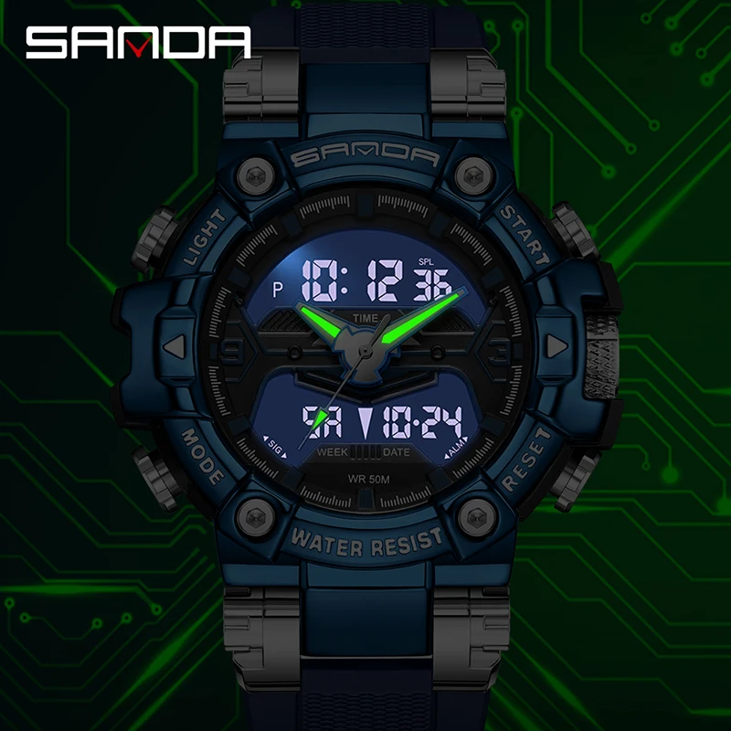 SANDA Top Brand Men Dual Movement Display Quartz Watches Multifunctional Men Clock Luminous Waterproof Electronics Chronograph