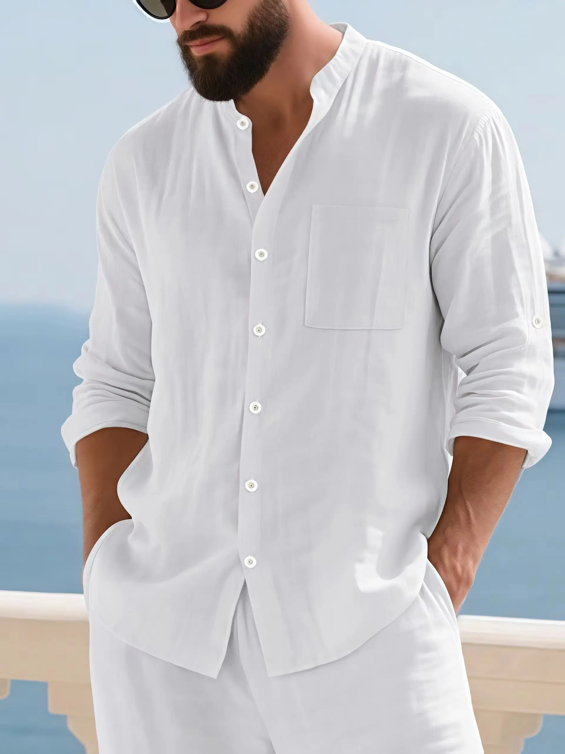 Men White Linen Button Down Long Sleeve Shirt Mandarin Collar Chest Pocket Roll Tab Cuff Loose Oversized Breathable Textured Beach Vacation Casual Holiday Top