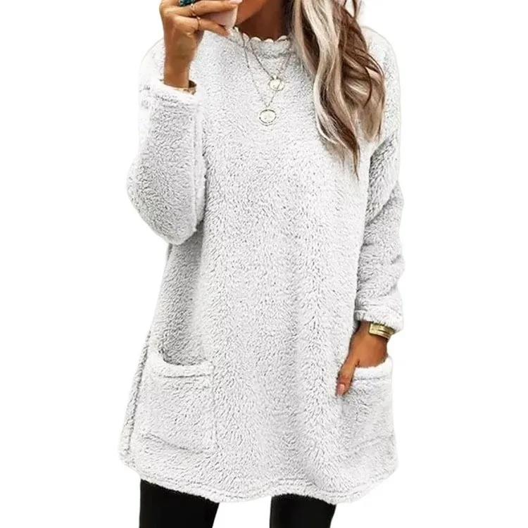 Long Sleeve Pocket Hoodie with Patchwork Elegant Commuting Women Sweatshirt Urban Loose Fit Round Neck Pullover Autumn Casual
