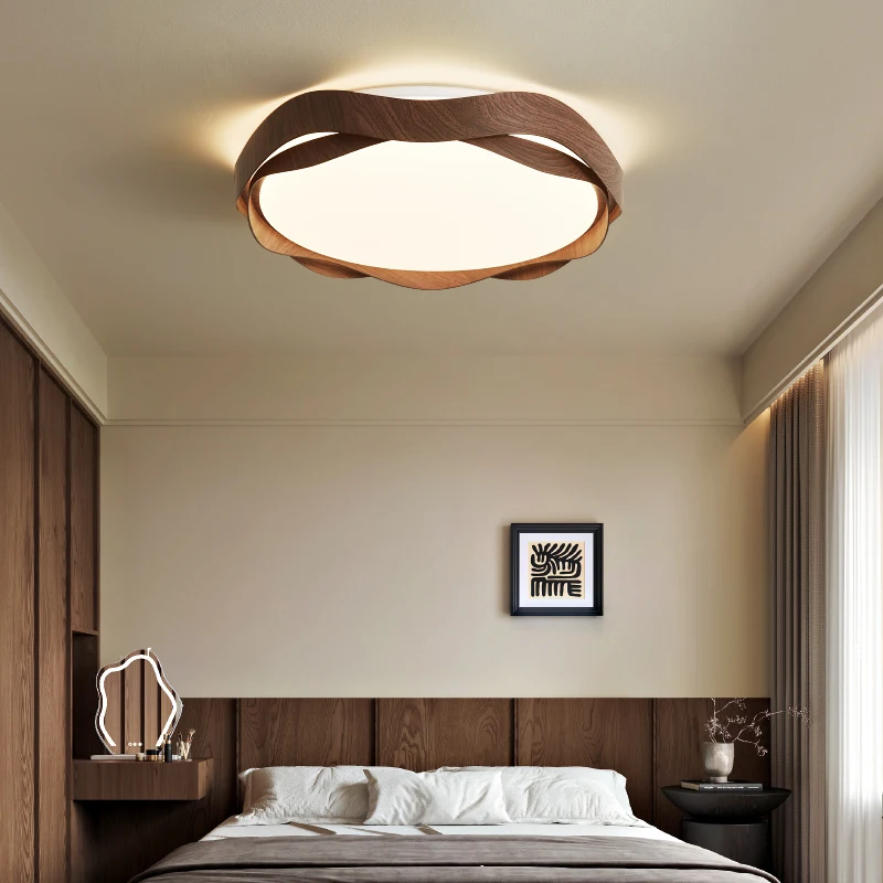 Lampada da camera moderna Lampada da soffitto Stile medievale Onda creativa Lampada rotonda con venature del legno di noce Lampada da protezione per gli occhi a LED semplice retrò