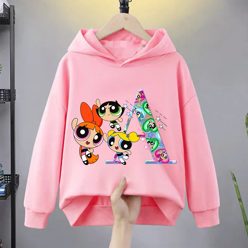 The Powerpuffs Girls Hoodie Children Cartoon Letter A-Z Clothing Fleece Hoody Thick Anime Clothes Kids Sweatshirt Birthday Gift view 2