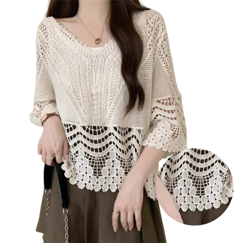 Womens Crochets Knitted Blouses V Neck Long Sleeve Hollowed Out Shirt Cover Up