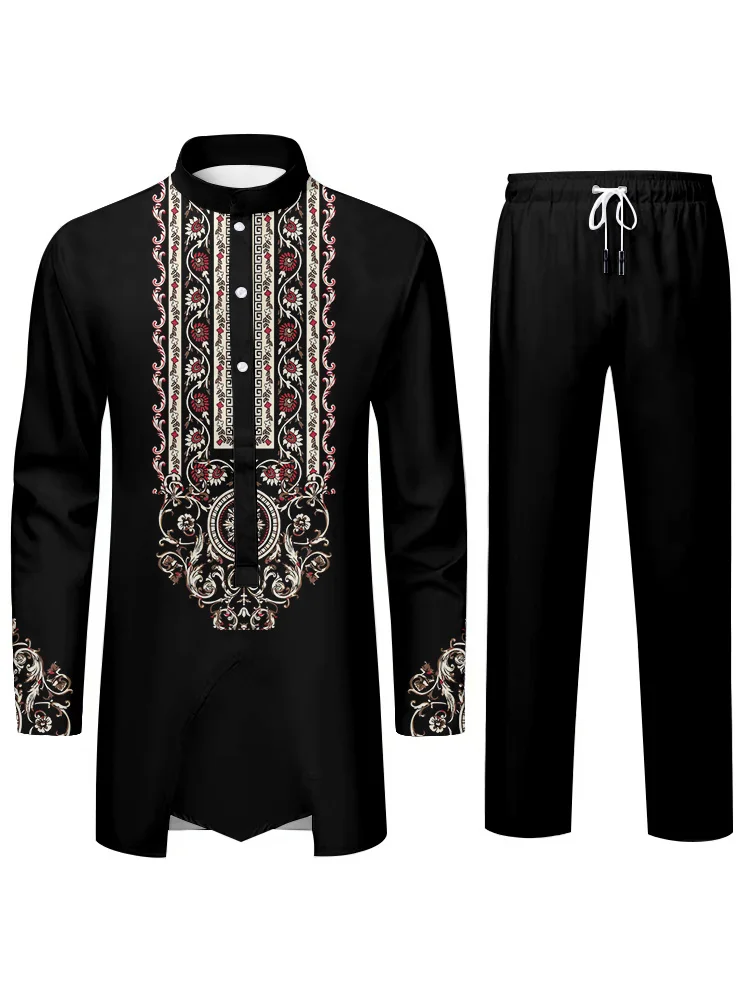 Muslim Mens Suit Islamic Culture 3D Printing Printing Traditional Costume Blouson Collar Long Sleeve Top and Trousers Two Piece