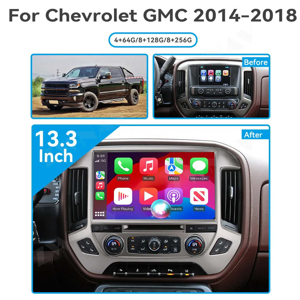 Android 13 CarPlay Car Radio 13.3 inch Touch Screen For Chevrolet GMC 2014-2018 GPS Navigation Multimedia Player Head Unit Auto