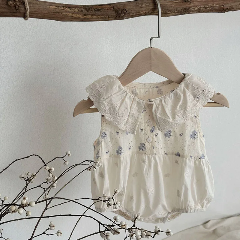 Bodysuit For Small Girls Baby Summer Clothes  Blue Floral Sleeveless Bodysuit For Infant Girls  Lace Ruffled Collar One Piece