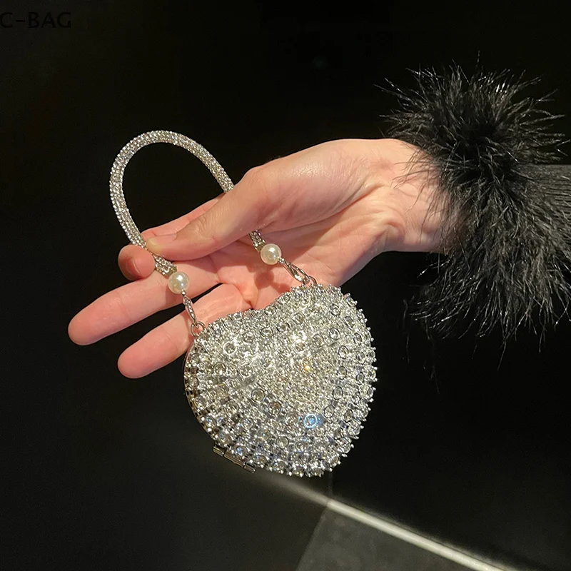 

Upscale Mini Shimmer Heart Rhinestones Evening Handbag Women's Stylish Accessory with Chain Shoulder Strap Party Present