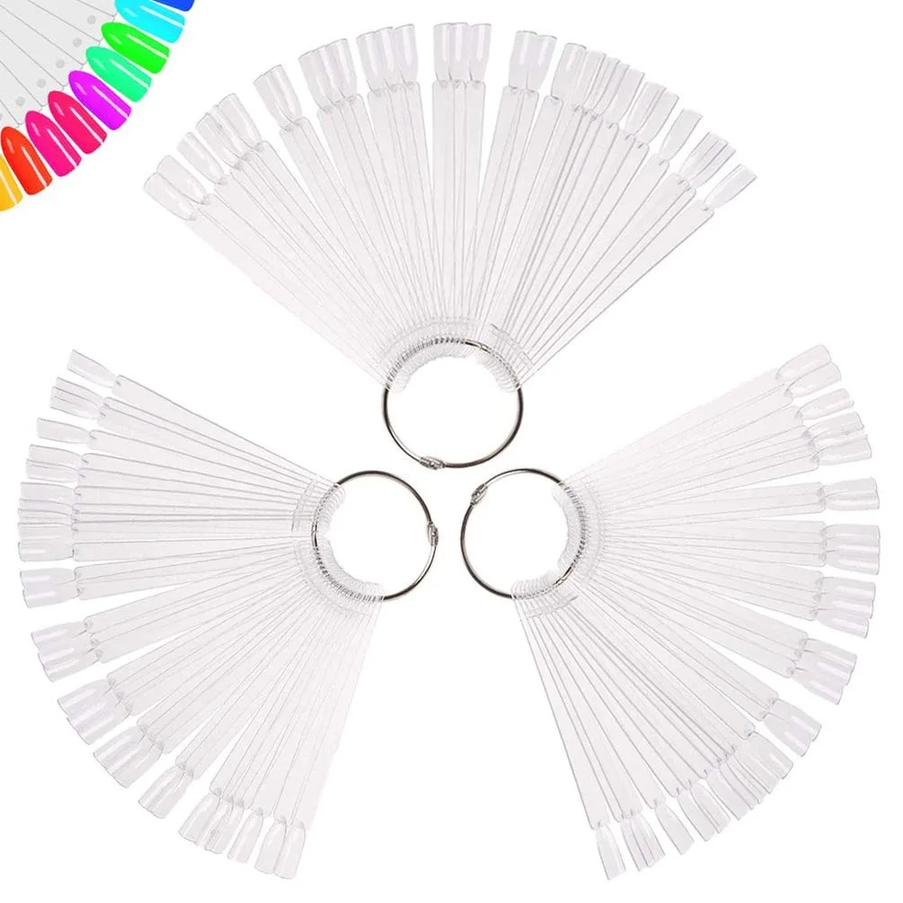 

100 Pcs Clear Nail Swatch Sticks with Ring Fan Shape Nail Art Tips False Nail Sample Sticks Nail Practice Color Display