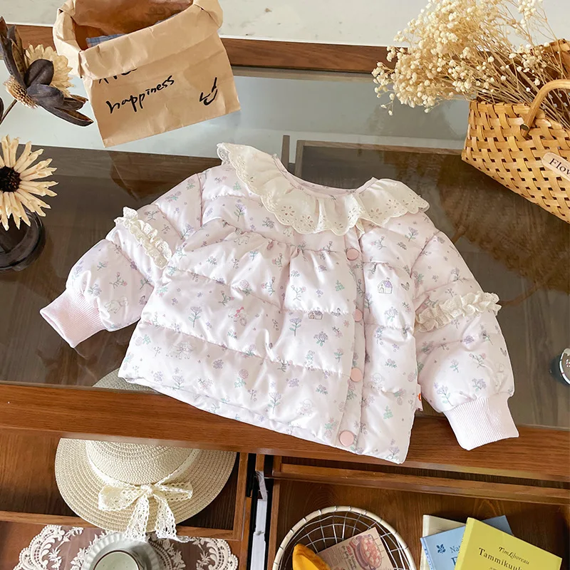 Children's Lightweight Down Jacket Winter New Girls' Lace Round Neck Warm Puffer Coats 90 White Duck Down Thickened Outerwear