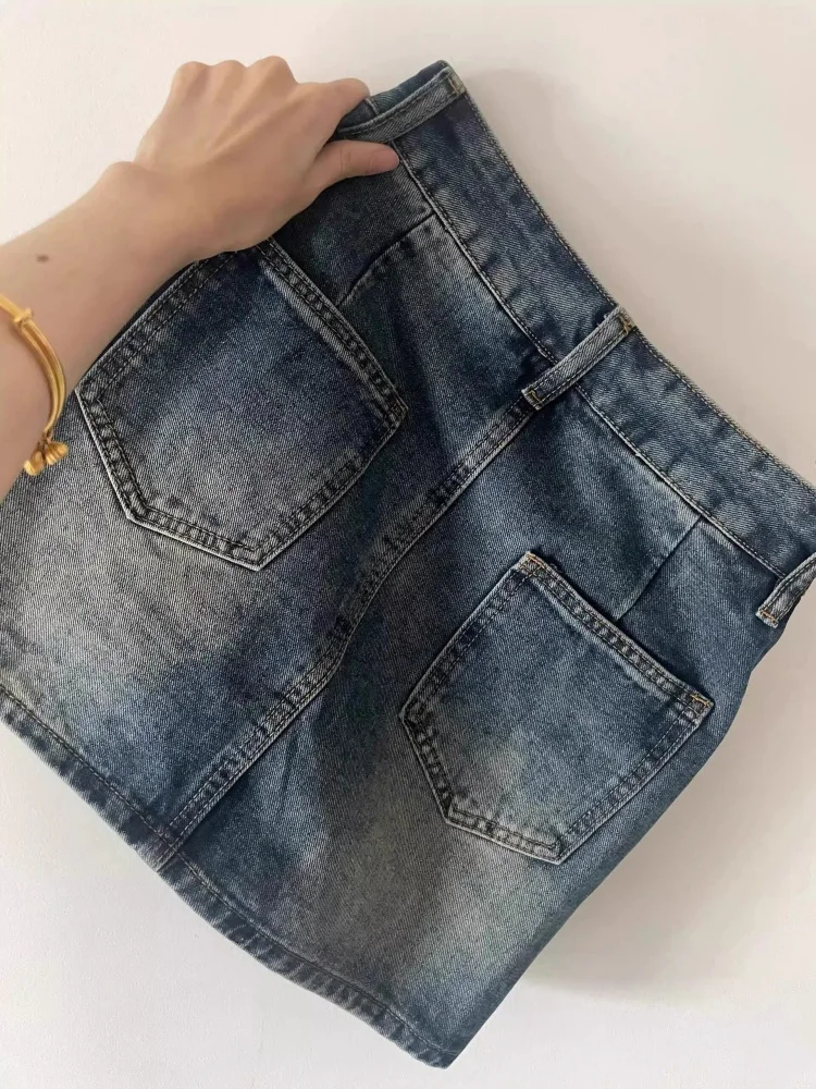 plus Size Women's Vintage Blue Jeans Skirt High Waist Slim Straight A-Line Short Skirt Casual Wear No  American Style