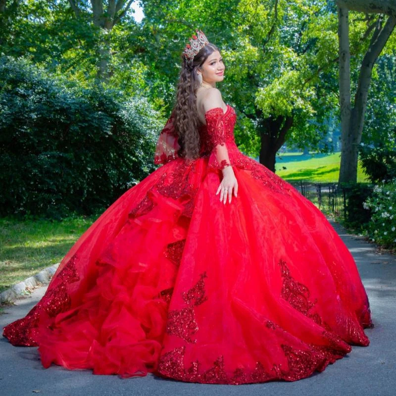 Red Glitter Quinceanera Dress Ball Gown Sequins Applique Lace Beaded Tull Tiered Party Birthday Sweet 16 Dress Vestidos De 15