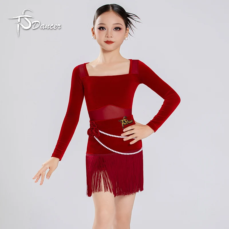 Nuevo traje de baile latino para niñas, traje de competición de entrenamiento de baile de salón, traje de actuación con borlas de terciopelo de manga larga