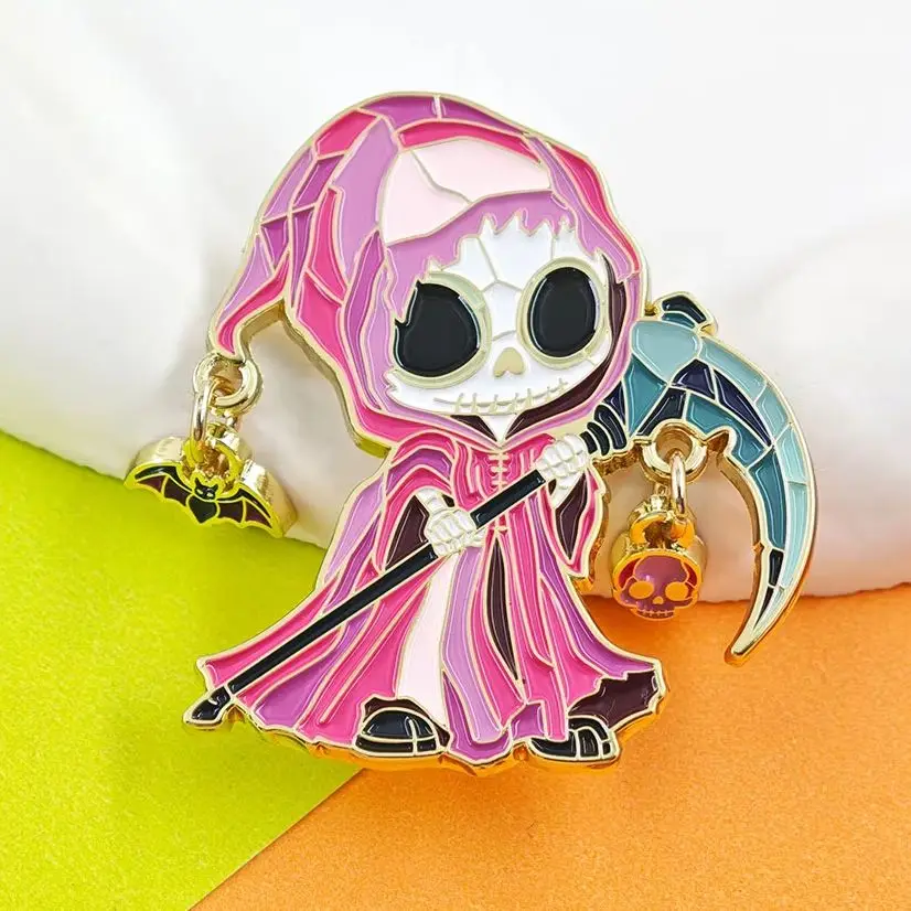 Pastel Goth Grim Reaper Dangle Enamel Pin Cute Pink Scythe Skull Brooch Moving Bat Chain Badge Creepy Cute Lapel Pins Backpack G
