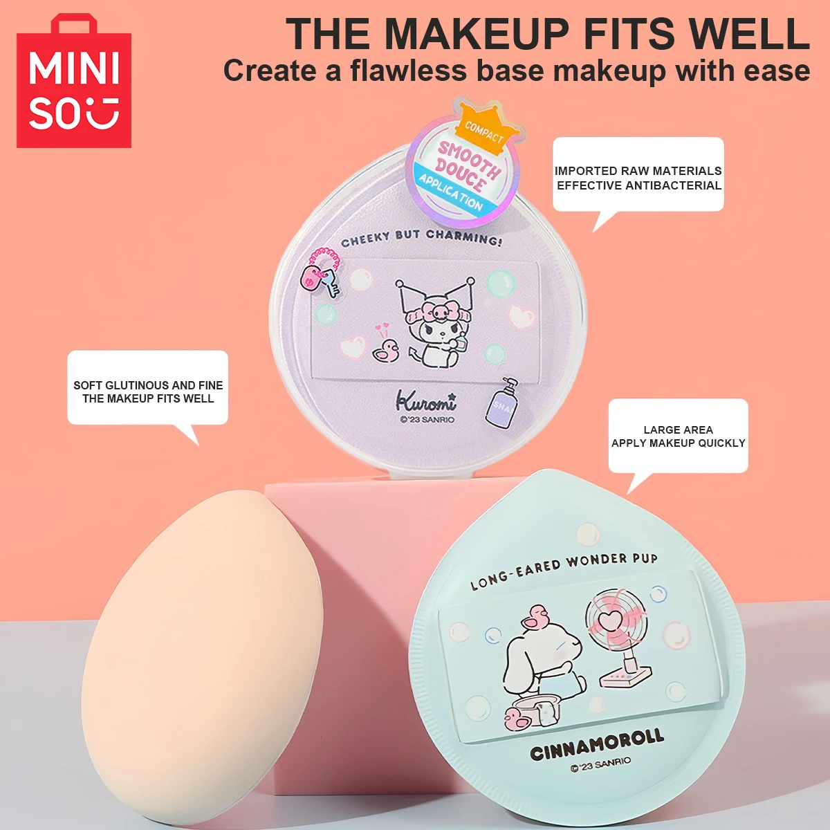 Miniso sanrio antibacteriano extra grande algodão doce bolso almofada de ar maquiagem pó puff pó antiaderente de longa duração