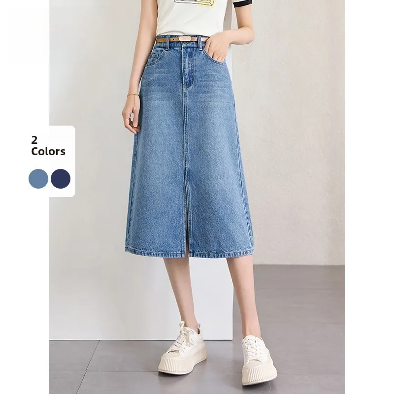 

Прямая джинсовая юбка трапециевидной формы с высокой талией для женщин, весна-осень, новый гонконгский дизайн в стиле ретро с разрезом