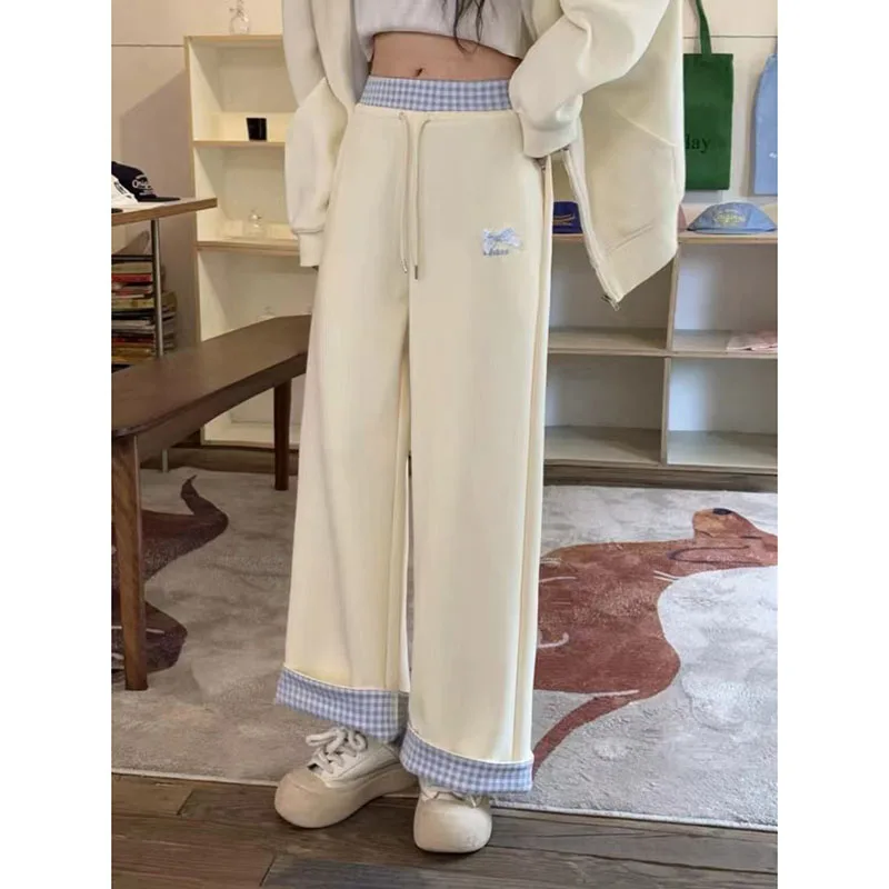 Plaid Patchwork Pants Women's Relaxed and Casual Spring and Summer New High Waist Cute Wide Leg Straight Pants Simple Fashion