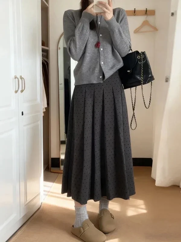 plus Size Fashionable Grey Autumn Winter Polka Dot A-Line Skirt Thickened Wool Blend High Waist Casual Standard Fit Skirt