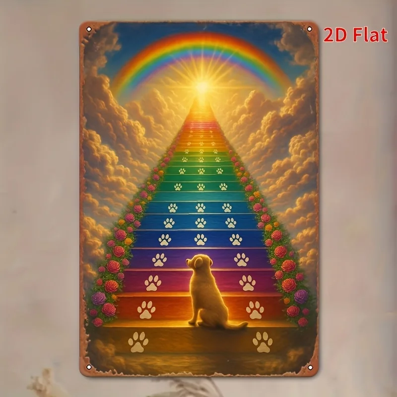 2D Flat, 1pc Retro 2D Tin Sign - Dog & Rainbow Staircase To Heaven Design, Rustic Metal Wall Art With Vibrant Colors & Paw Print