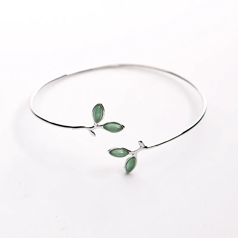 Student Jewelry New 925 Sterling Silver Art Opal Leaves Open Charm Bracelet & Bangles For Women Girl XB100