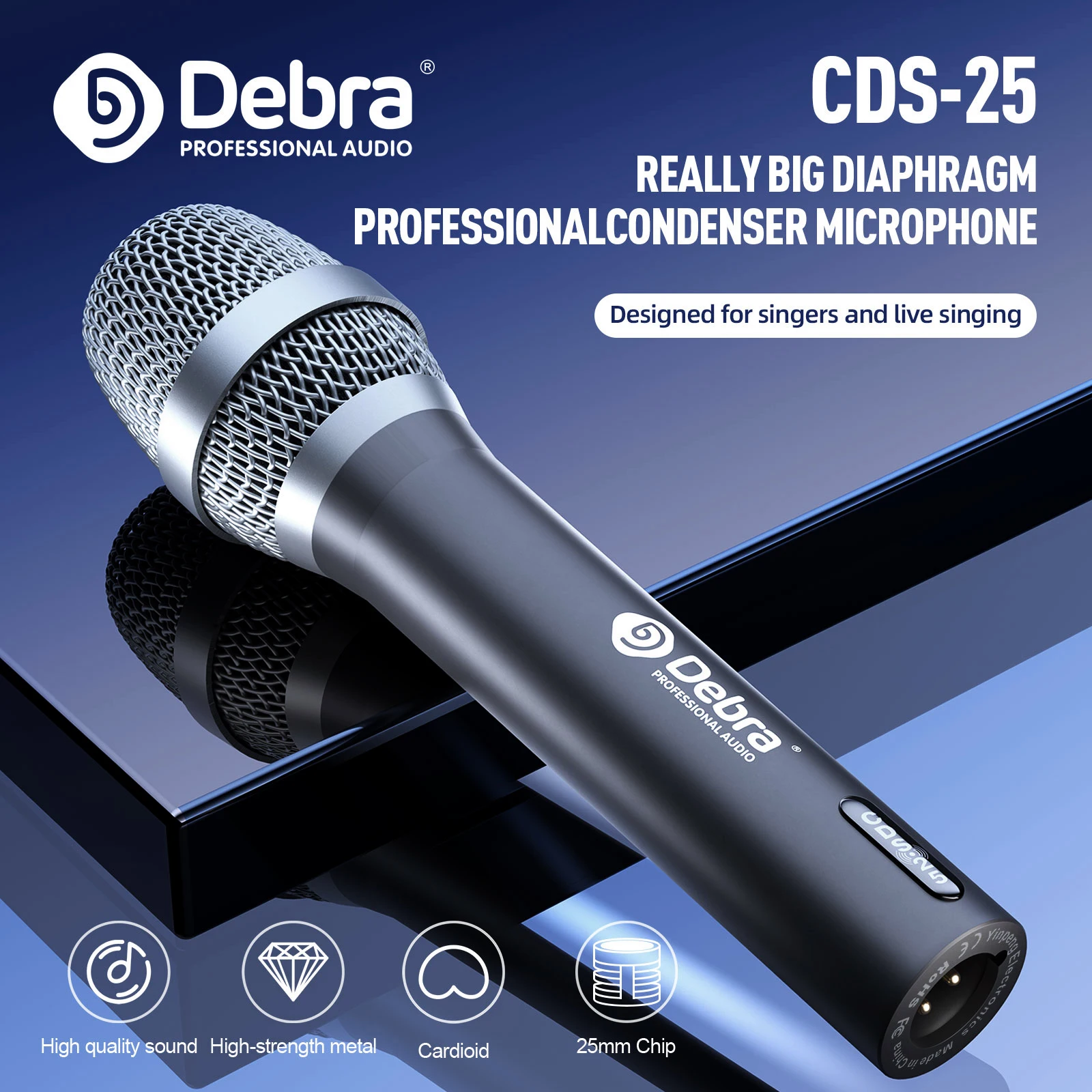 Debra CDS-25 Professional Condenser Microphone, Handheld Recording Microphone, 48V Power Supply, High Fidelity Pickup, for Stage
