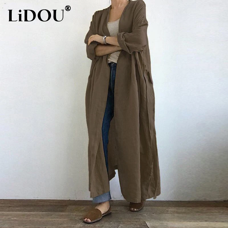 2023 Spring Autumn Fashion Solid Color Long Sleeve Cardigan Women Casual Loose Elegant Vintage Comfortable All-match Long Coat