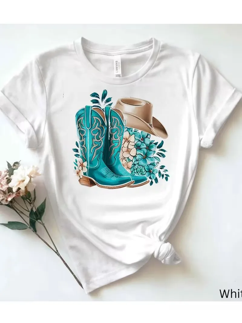 

Floral-Style Western Boots and Hat with White T-Shirt