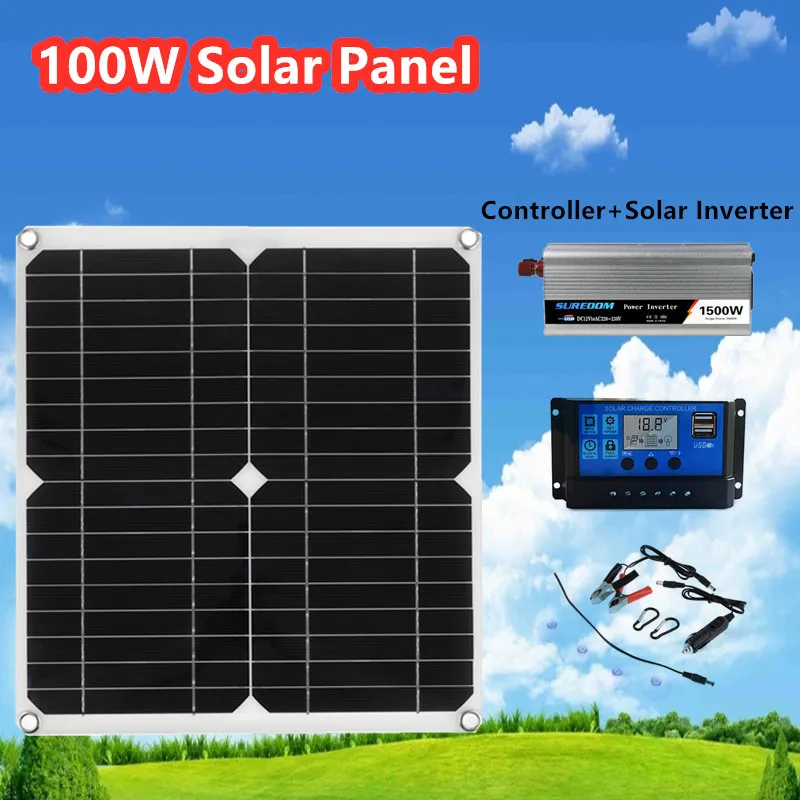 100W 18V Solar Panel Kit USB Charger With 60A Controller 800W/1000W/1500W Solar Inverter for Car Yacht RV Boat Moblie Phone