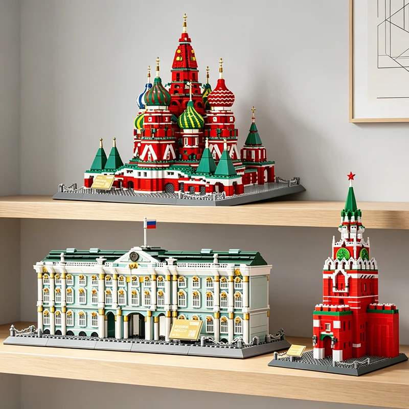 

Russia Landmark Building Blocks Set –St. Petersburg Winter Palace & Moscow Kremlin Spasskaya Tower & St. Basil’s Cathedral Model
