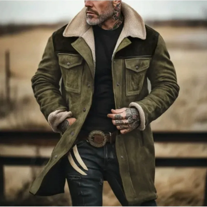Man Jacket Autumn Winter Vintage Contrast Color Patchwork Pocket Male Coat Mid Length Turn Down Collar Long Sleeve Men Outerwear